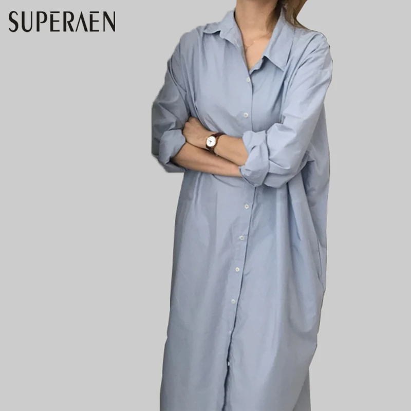 

SuperAen Korean Style Women Long Dress Casual Cotton Loose Wild Girls Dress Split Lapel Long-sleeved Dress Spring 2018 New