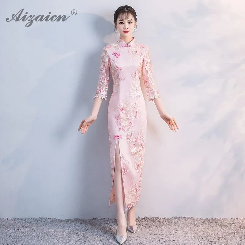 Cheongsam larga vestidos Chinoise fiesta Rosa Qi Pao mujeres chino tradicional vestido Qipao Восточный