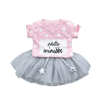 

Children Girls Casual Summer Polka Dot Letter Print Short Sleeve T-shirt+Mesh Skirts Suits 2Pcs Costume Set New