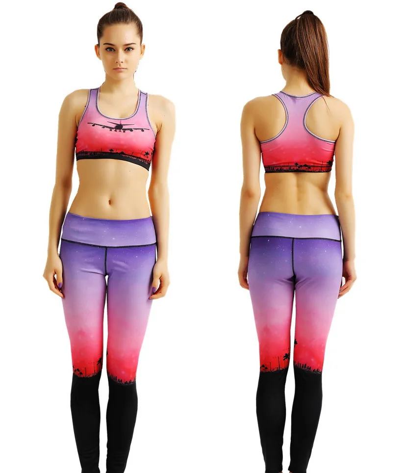 Sexy Red Sunset Aircraft Women Fitness Pants Set Flying Plane Yoga