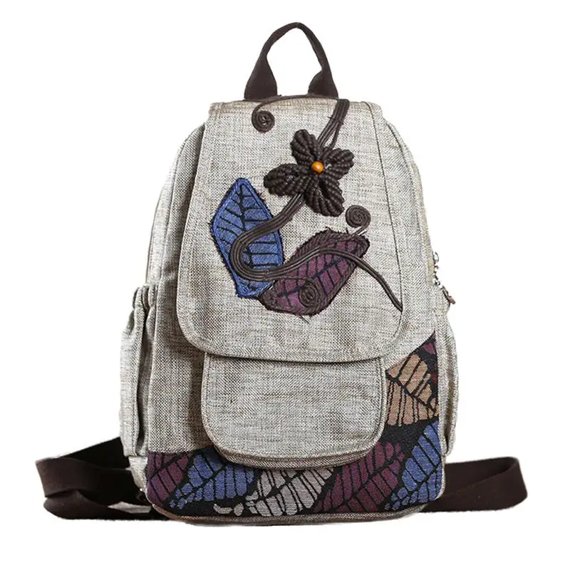 Женский рюкзак в стиле ретро с цветочной вышивкой в виде листьев, Национальный стиль, листья, цветы, бусины, Холщовый Рюкзак, школьный рюкзак для девочек