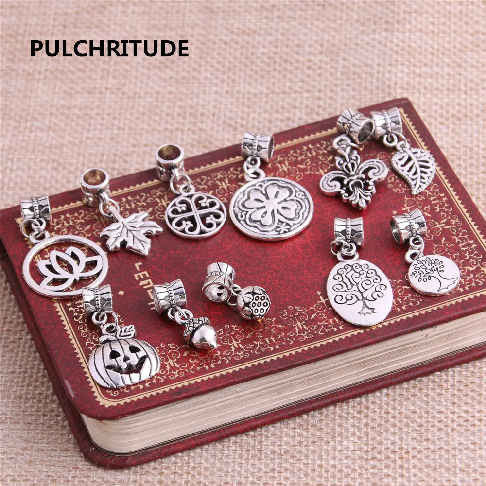 

PULCHRITUDE 20pcs/lot Zinc Alloy Antique Silver Color Connect Big Hole Beads Plant Tree Leaf Charm Fit Jewelry Making C0062