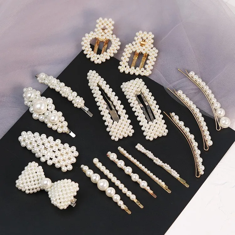 Fashion Girls Geometric Imitiation Pearl Hairpins Sweet Hair Accessories Women Barrettes Square Round Hollow Hair Clips