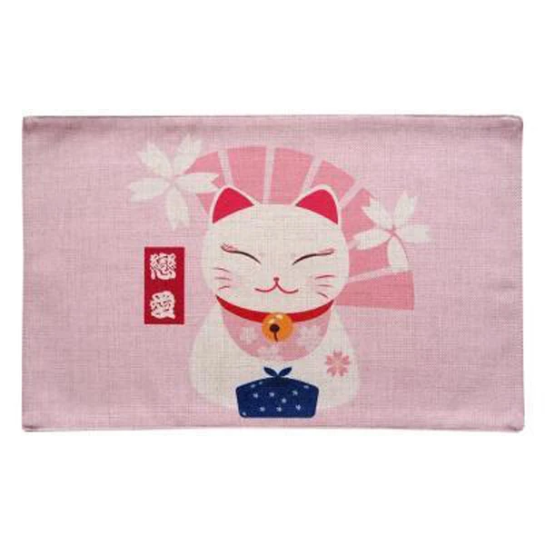 Cute Colorful Lucky Cat Placemat Bar Mat Baby Kids Cotton Linen Plate Mat Table Mat Home Kitchen Pads Coffee Coasters 47x27cm