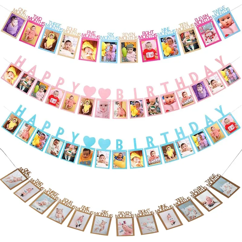 

Baby Photo Frame Bunting Garland 1st Birthday Banner Pink Photo Frame Anniversary First Birthday Party Bunting Decorations XN