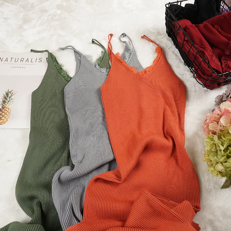 New Women Spaghetti Strap Dresses Split V-Neck Lace Patchwork Knitted Dress Ladies Sleeveless Bodycon Tank Dress Vestidos P022 vintage clothing stores