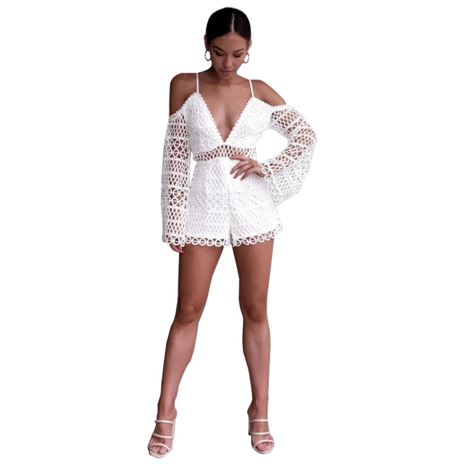 white lace sexy Bodysuit Women Hollow Out knitted bandage Rompers long sleeve jumpsuit Bodycon Overalls