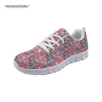 

Twoheartsgirl Pink Women Flats Fashion Cartoon Dental Equipment Pattern Sneakers Breathable Comfortable Ladies Mesh Flat Shoes