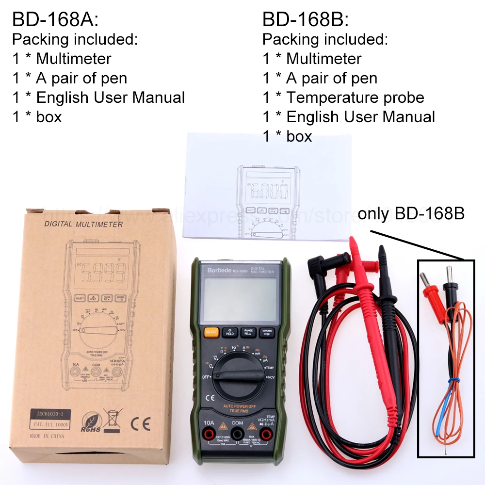 Borbede 168A Digital Multimeter 6000 Count DC AC Capacitance Resistance Square