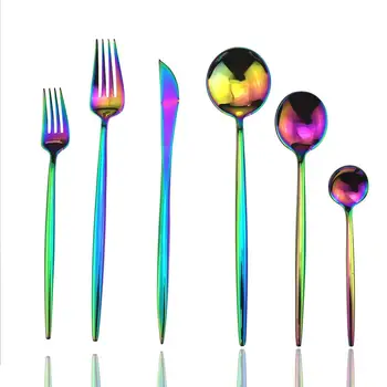 

Luxury 24-Piece Rainbow 304 Stainless Steel Cutlery Set With Colorful Plated Knife Dessert Forks Teaspoon Soup Dinnerware Set