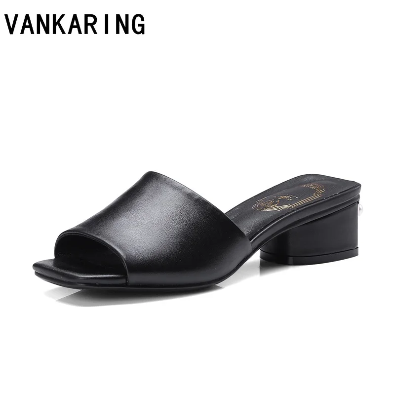 

VANKARING women sexy high heel black peep toe platform Mules ladies leather slippers femal slip on sandals party wedding shoes