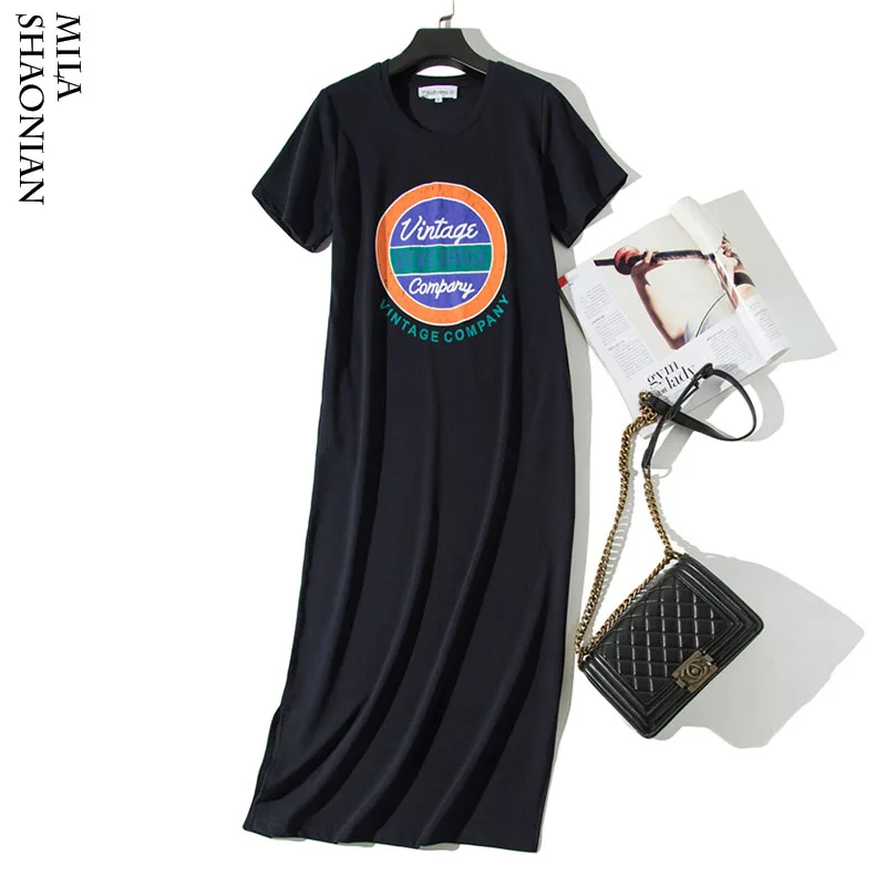 

2019 Summer Print Long T shirt Dresses Women Split Plus Size M-2XL Navy Maxi Dresses Pocket O-neck Casual Female Dresses