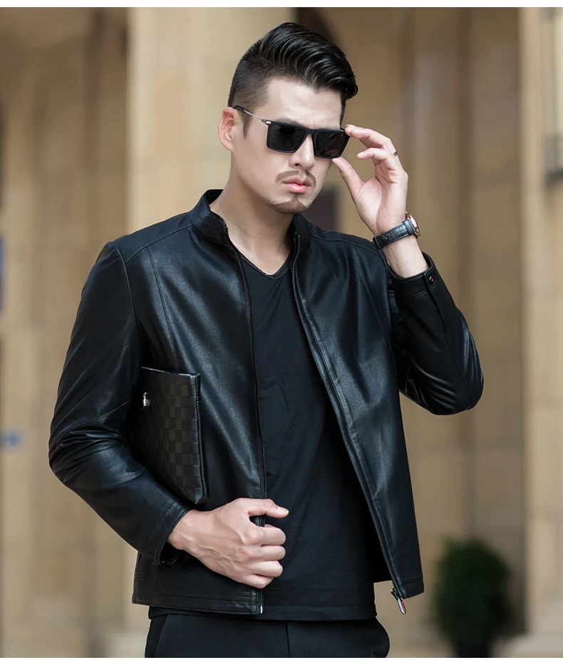 Men Casual Imitation Leather Jackets Stand Collar Zipper Outerwear Black Dark Green Orange Man Faux Leather Coat Motorcycle Bomber Jacket (4)