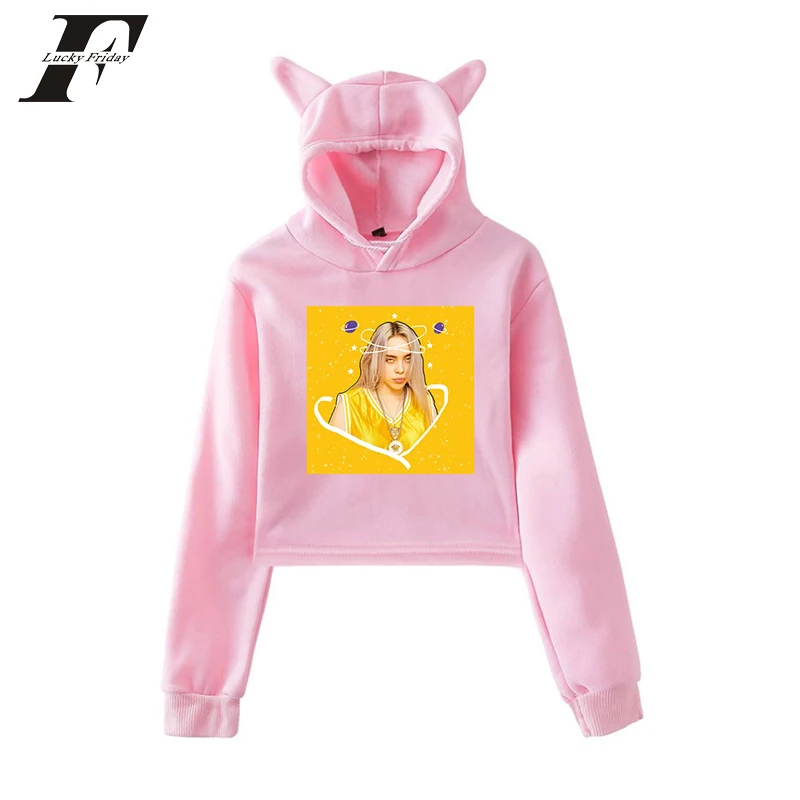 

Billie Eilish Print Harajuku Cute Cat Hoodie Sweatshirts Pink Women Hot Sale Casual Sweatshirt Summer Crop Tops