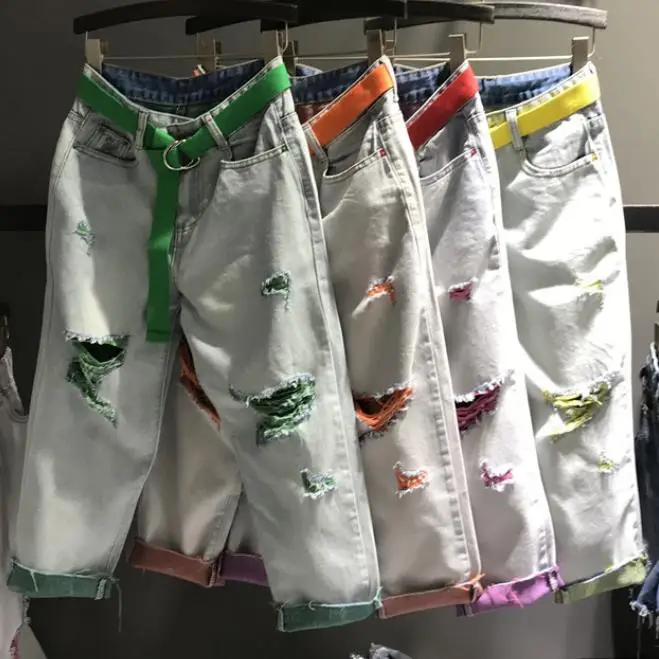 

2019 summer new fashion hit color jeans smashed hole radish jeans women loose ankle length harem pants