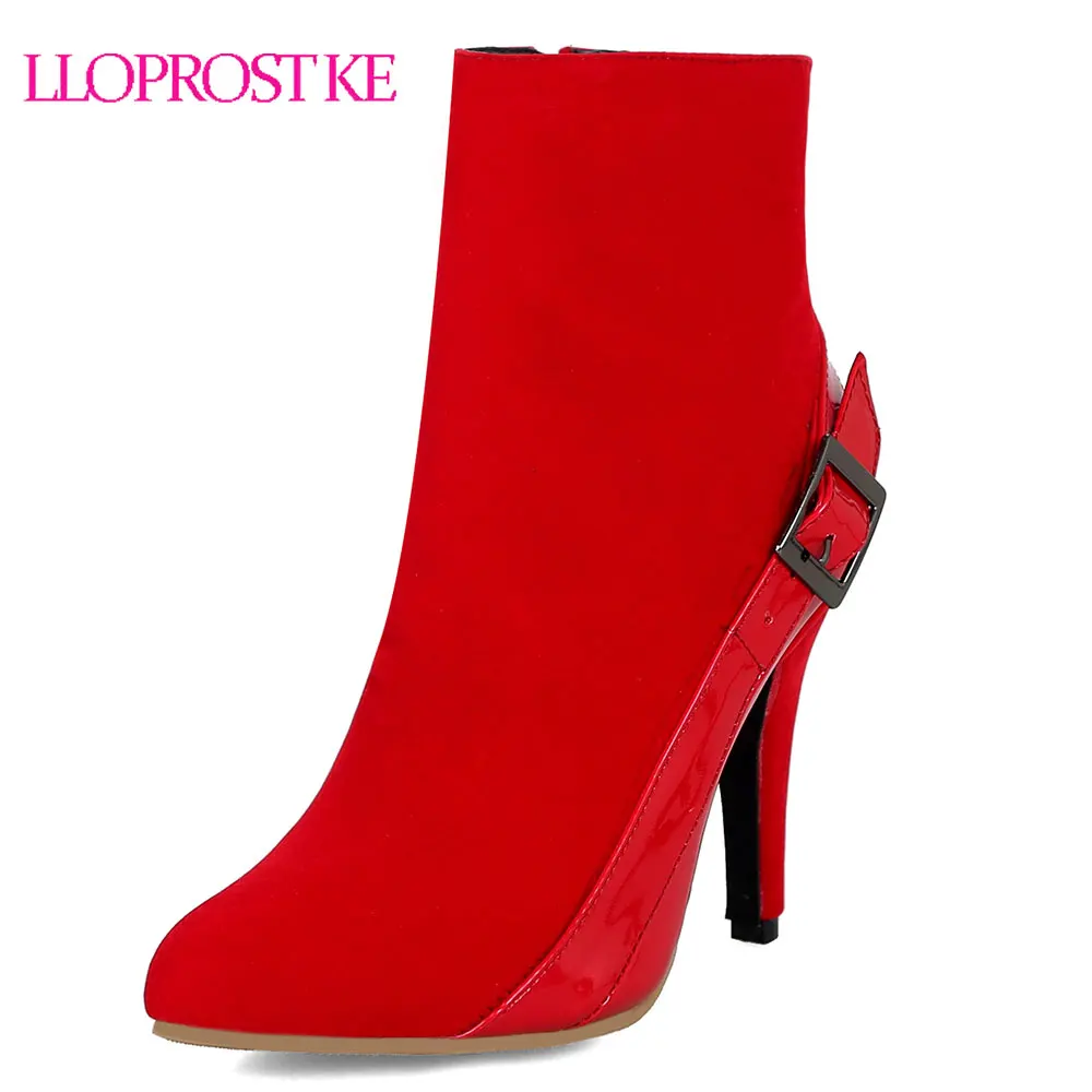 

Lloprost ke Women Winter Boots 2018 New Fashion Elegant High Thin Heel Woman Black Red Ankle Boots Shoes Plus Size 28-50 D366
