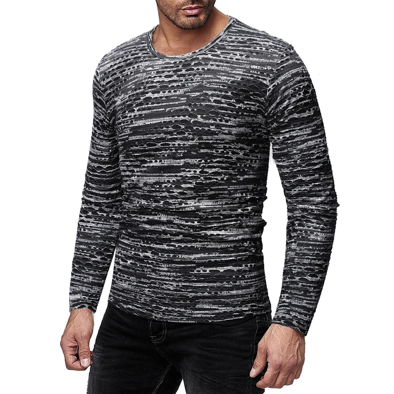 

Men Fashion T-shirt 2019 New Solid Color Hollow Out Hole Design Crew O Neck Long Sleeve T Shirt Nightclub Tshirt