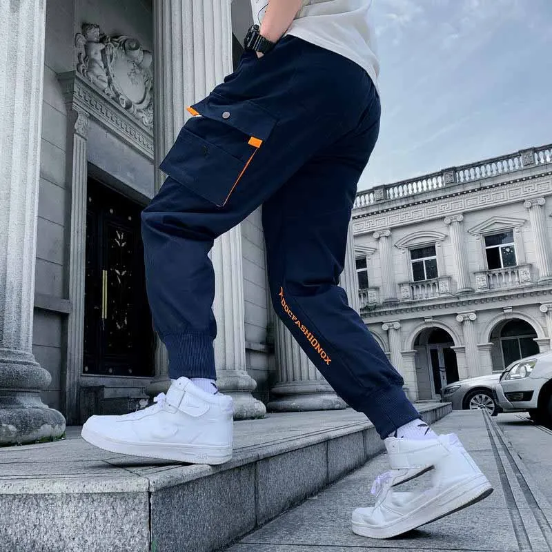 

Outdoor 2019 spring autumn elastic waist multi pocket patchwork track harem pantd men loose 100% cotton Cargo trousers men