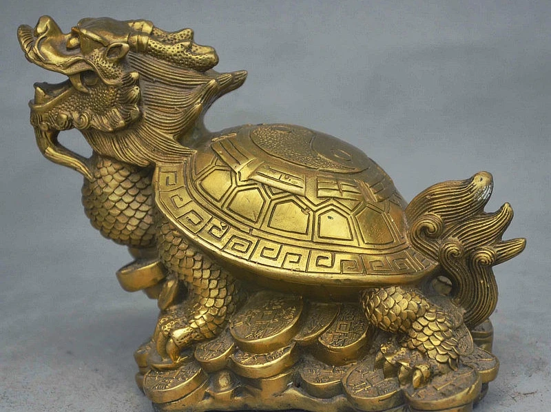 

8" China Brass Myth Animal Wealth Fortune Eight Diagrams Dragon turtle Statue