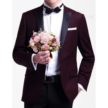

New burgundy Groom Tuxedo Peak Black Satin Lapel Mens Suit 2017 Groomsman Best Man Wedding Dinner Suits for men (Jacket+Pants)