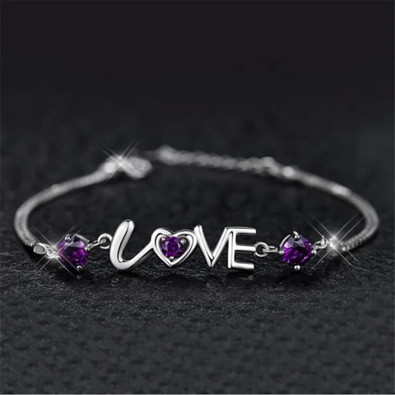 

KOFSAC NEW Fashion Jewelry Silver Crystal Heart Charm Bracelets&Bangles Pulseiras purple white Rhinestone Bracelets For Women