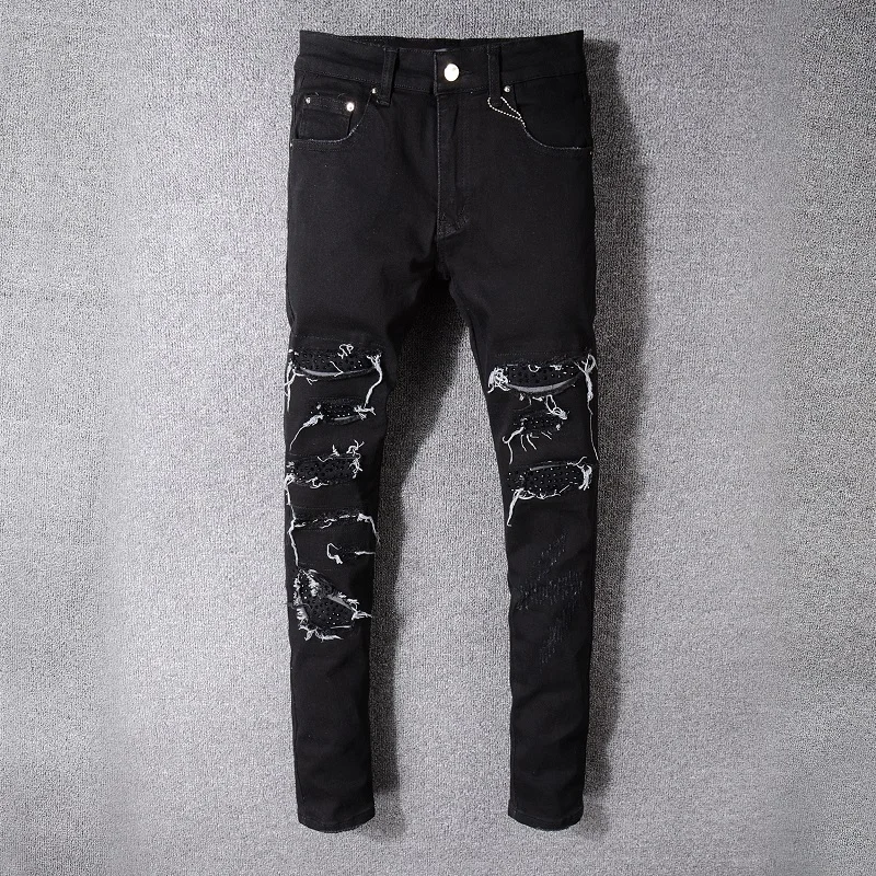 

2018 BLACK FOG STREET men's zippers slim fit cotton Denim ripped wash old damage Hole jeans 524#