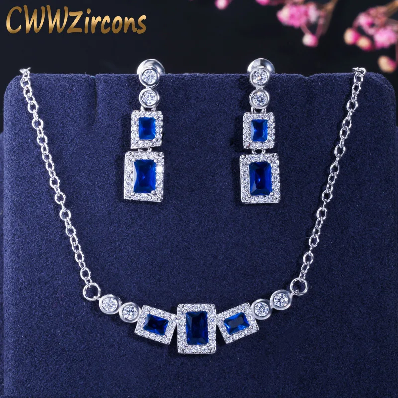 

CWWZircons Princess Cut Dark Blue Cubic Zirconia Stone Choker Necklace and Earring Sets for Women Fashion Costume Jewelry T180