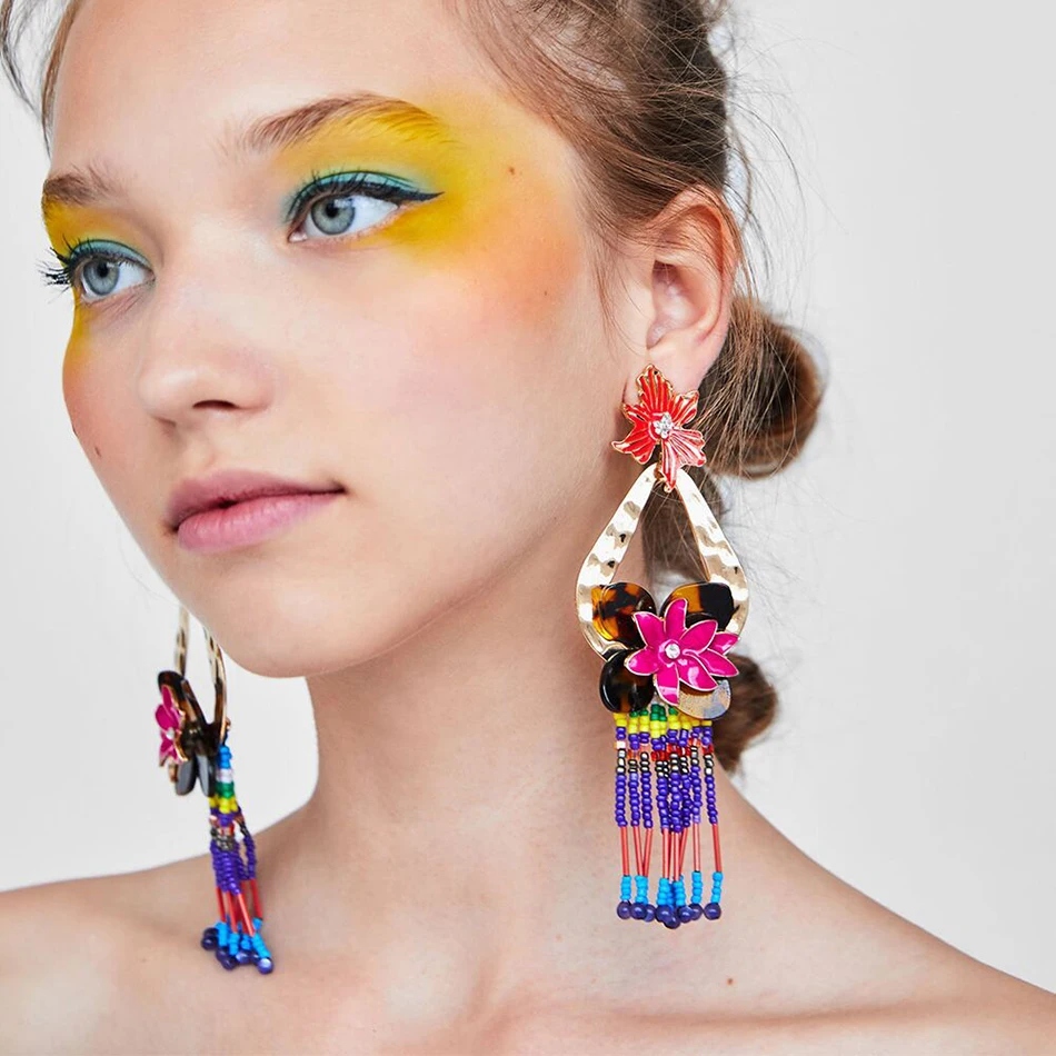 meidi Flower Earrings Long Colorful Beads Tassel Earrings for Women Fashion Long Earrings