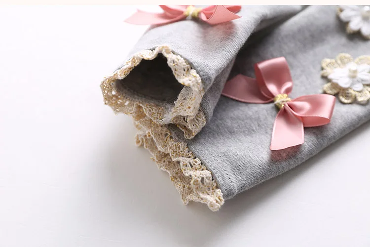 2018 Summer Kids Children Cotton Pink Gray Navy Blue Full Length Capri With Bow Flower Foral Lace Baby Girl Leggings Children (35)