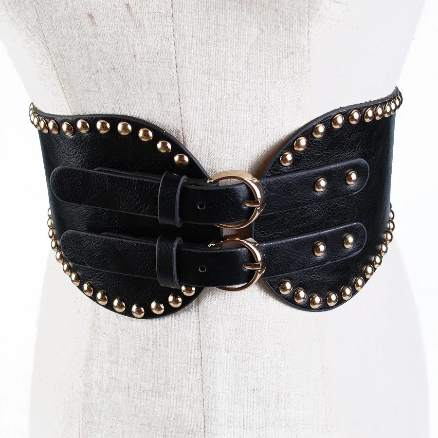 European Rivet Leather Waist Belts Elastic Waistband For Women Fashion