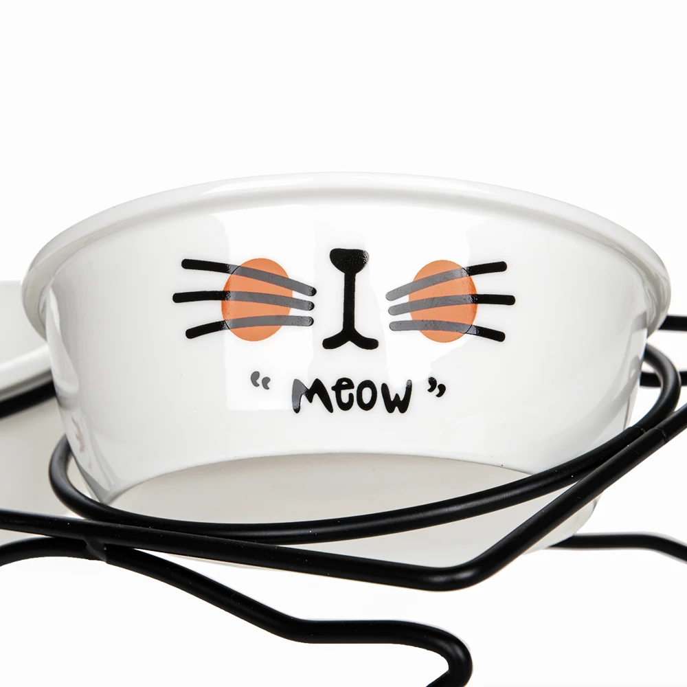 HOOPET Pet Dog Cat Lovely Food Water Ceramic Bowl Two Bowls with Steel Frame