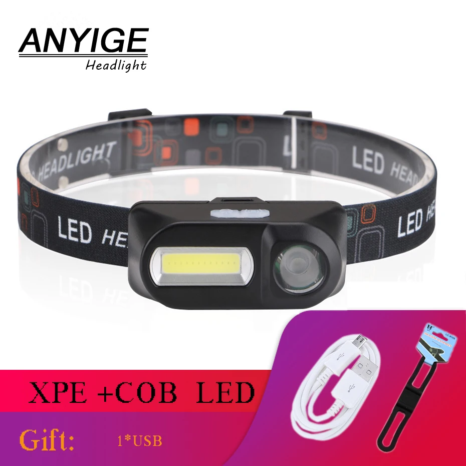 

ANYIGE COB XPE LED Headlamp USB Charging Interface Cycling Headlight 6-Mode Dimming Head Torch Camping Fishing 18650 Flashlight