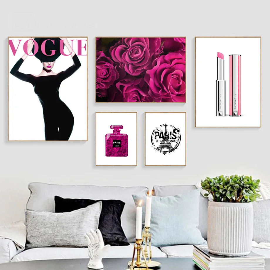 

Vogue Girl Paris Tower Rose Perfume Salon Wall Art Canvas Painting Nordic Posters And Prints Wall Pictures For Living Room Decor