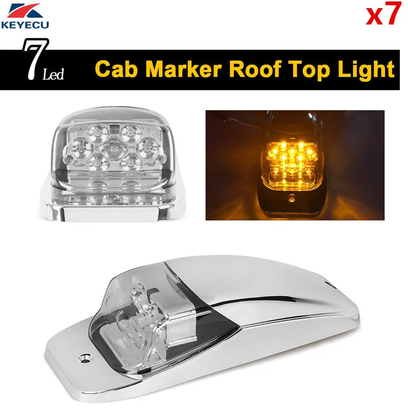 

KEYECU 7x 7Led White Lens Amber LED Roof Top Cab Marker Light Chrome Light for Kenworth Peterbilt Freightliner Mack