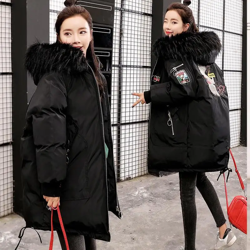 

Women Winter Thicken Long Sleeved Fur Collar Jacket Embroidered Hooded Cotton Coat Maternity Parkas pregnancy Overcoat Puffer