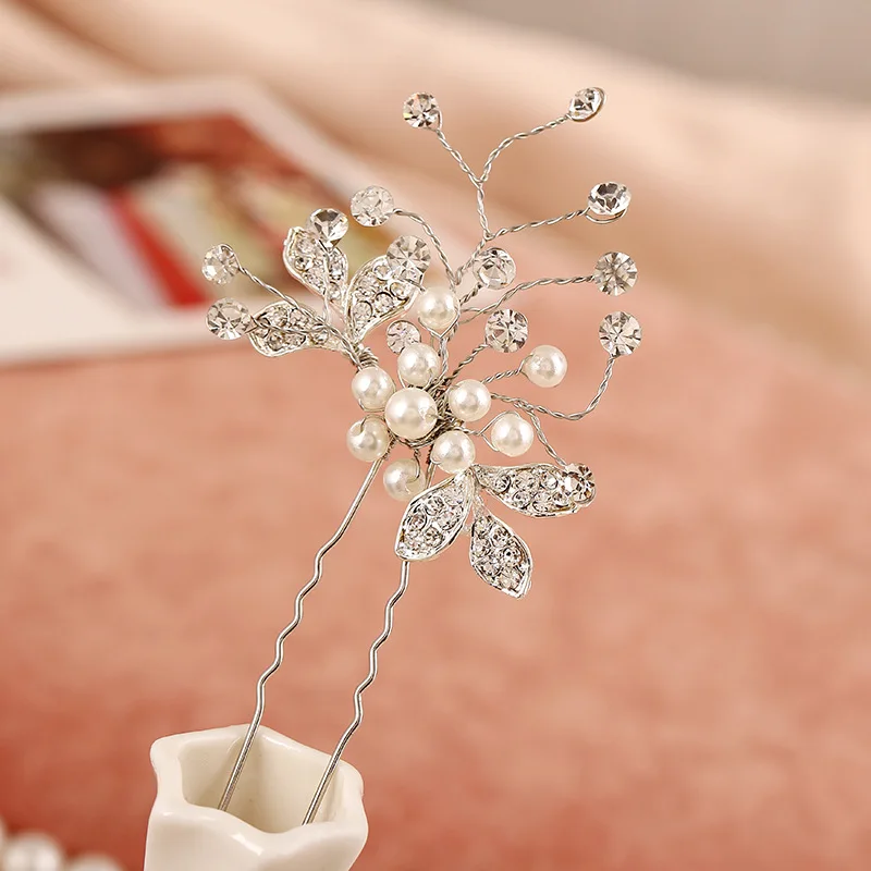 

Handmade Hair Accessories Vintage Silver Leaf Flower Hair Sticks Wedding Pearl Hair Pin Bridal Large Crystal Hair Clip Headpiece