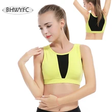 BHWYFC женские спортивные бюстгалтеры женский спортивный бюстгальтер сетчатая пряжа лоскутное Эластичный сексуальный бюстгальтер для Фитнеса Йоги с круглым вырезом черный