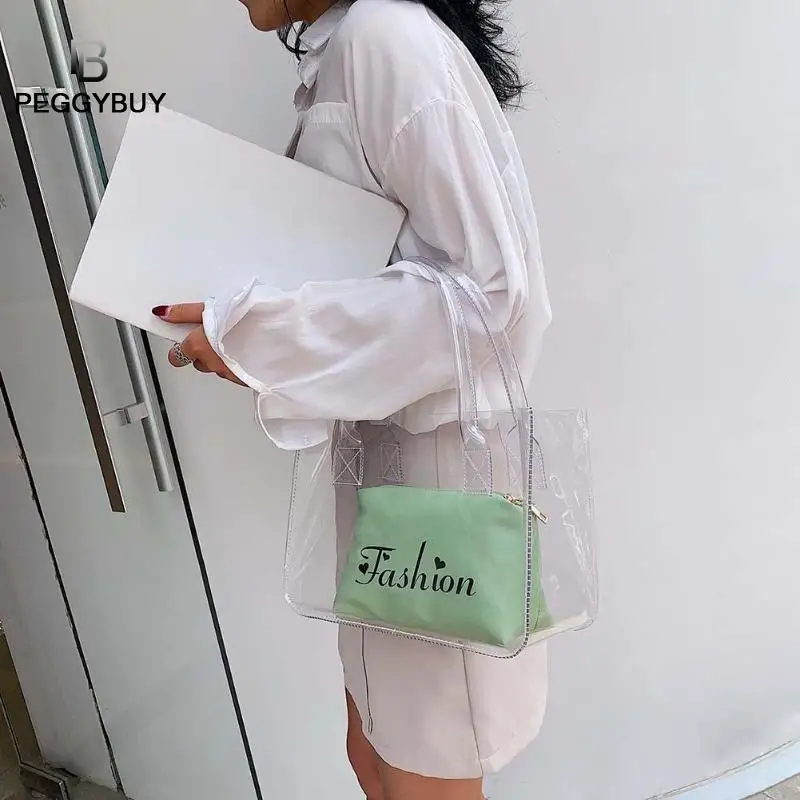 

Clear Transparent PVC Shoulder Bags Women Candy Color Purses And Handbags Casual Beach Shoulder Handbags Clutch Shopping Totes