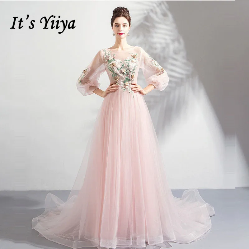 

It's YiiYa Evening Dresses Pink Alliques Lace Illusion Fresh O-neck Full Sleeves Floor-length Plus size LX1150 robe de soiree