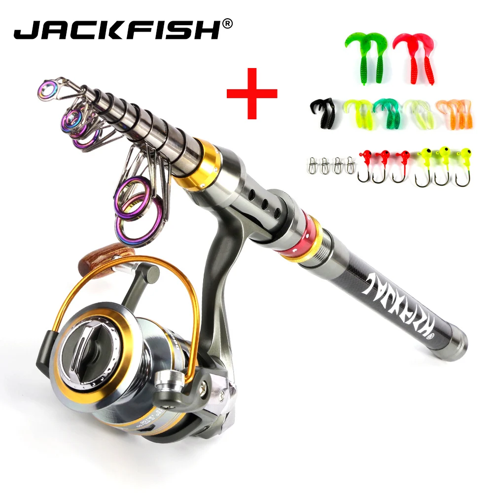 JACKFISH الغزل الصيد قضيب كومبو 1.8-3.6 m تلسكوبي الصيد قضيب + DK11BB الصيد بكرة عجلة المحمولة السفر الصيد قضيب