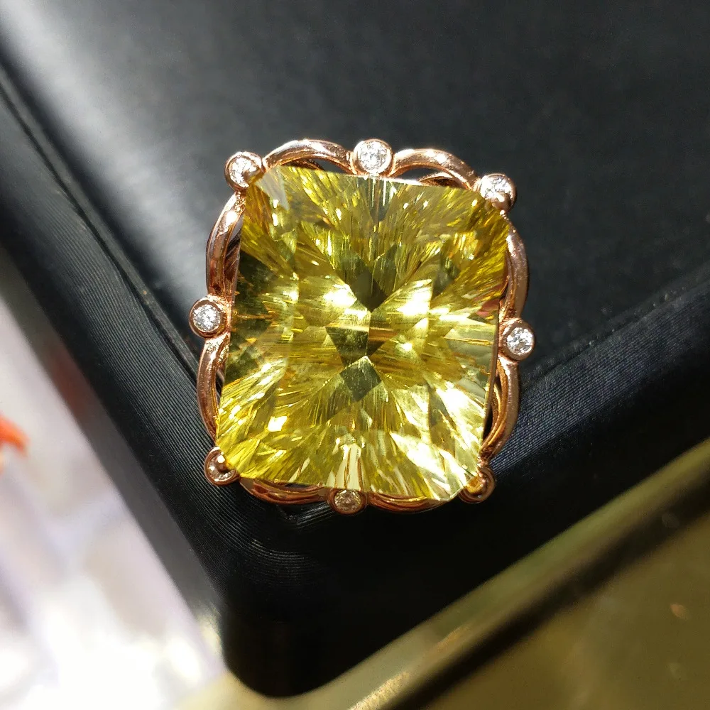 

FLZB , Supper big ring natural lemon crystal gemstone 17*20mm 26ct in 925 sterling silver with 18k rose gold plated huge ring