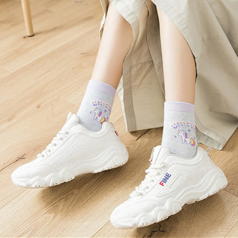 Adult Size Unicorn Socks Girly Girl Ulzzang Harajuku Rainbow Stars Cartoon College Animal Horse Macaroon Horn Dusk Purple Taro