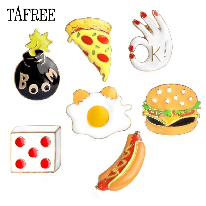 

TAFREE Hamburger, Pizza, Hot Dog, Boom Bomb, Ok, Dice Lapel Pins Colorful Enamel Brooches Food Style Badge Accessories