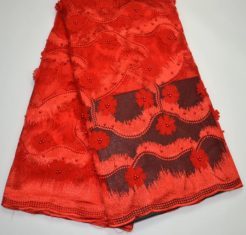 

Latest High Quality African Red Tulle lace with 3D Flowers For Nigeria wedding lace fabric 5 yards 3D flower lace fabrics
