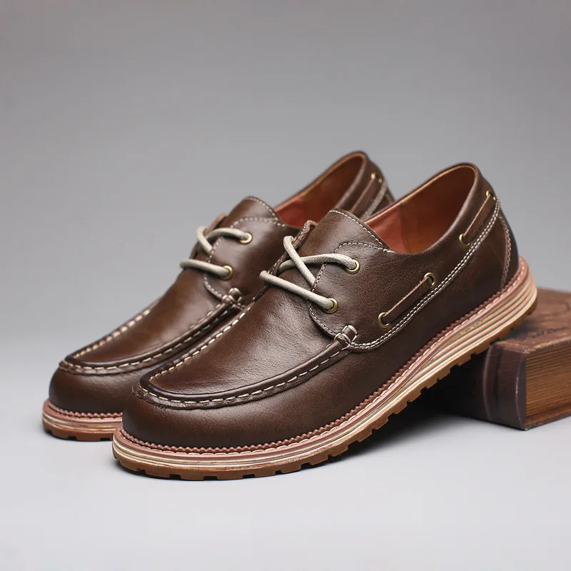 

2018 new Man Shoes Fashion Men Casual Shoes Brand Male Leather Shoes Retro Luxury Men brown Lace Leisure Flats Designer Shose