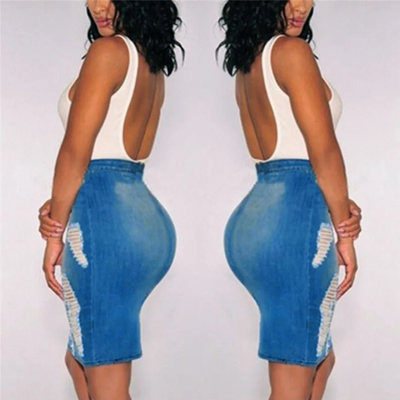 Fashion 2018 Summer style skirts womens Stretch Bodycon Pencil High Waisted Hole Denim Jeans Short Mini Skirt Femme Saia Y04#N (4)
