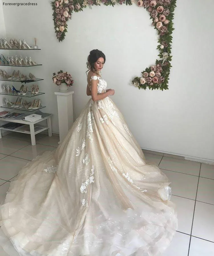 2019 Wedding Dresses A Line Off Shoulders Lace Appliques Sequins Tulle Backless With Buttons Covered Court Train Bridal Gowns  193 (3)