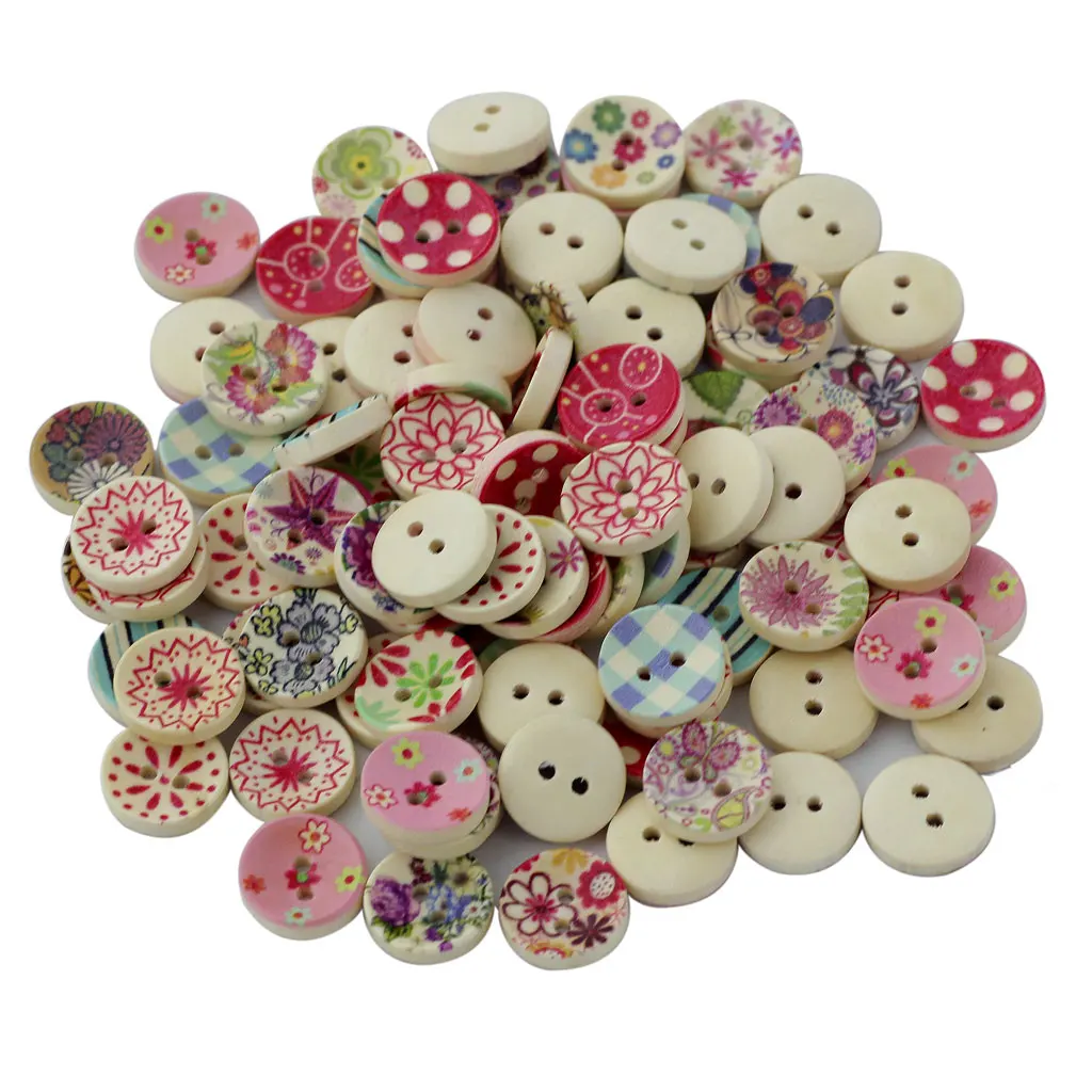 New Hot Sale 100Pcs Painted Colors Round DIY Wooden Buttons for Sewing