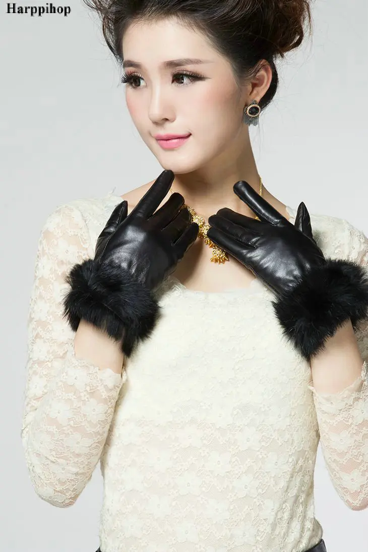 Черные женские Маленькие кроличьи меховые Утепленные перчатки из натуральной кожи женские зимние
