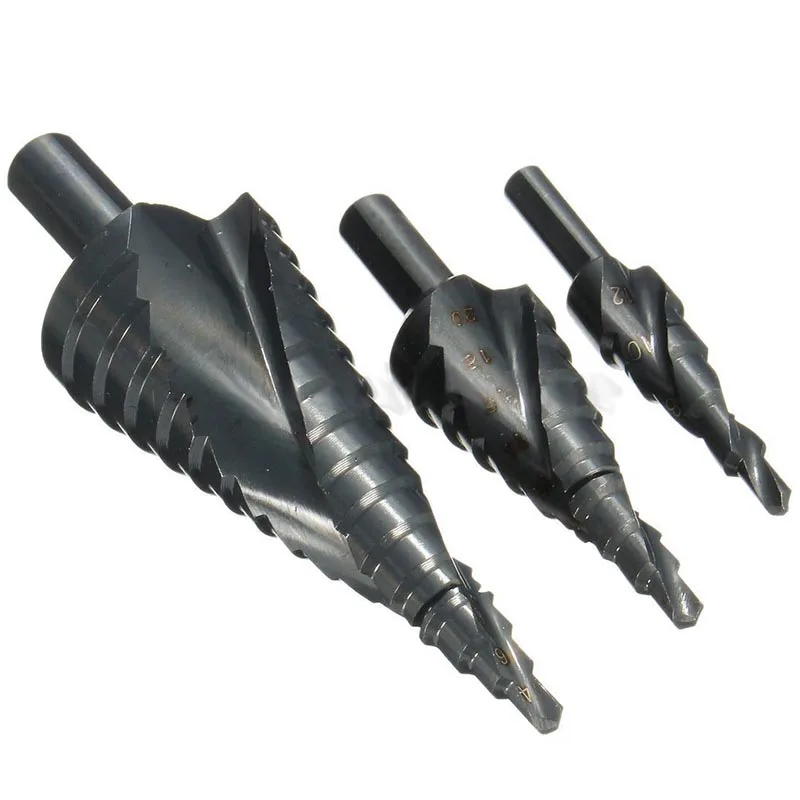 

3pcs HSS Step Core Drill Bit Set Titanium Coated Spiral Grooved Woodworking Hole Cutter 4-12/4-20/4-32mm